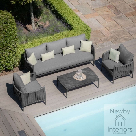 Maze Milan Rope Weave 3 Seat Sofa Set with Rectangular Coffee Table Mid Grey with Charcoal Frame