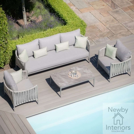 Maze Milan Rope Weave 3 Seat Sofa Set with Rectangular Coffee Table Cool Linen with Dawn Grey Frame