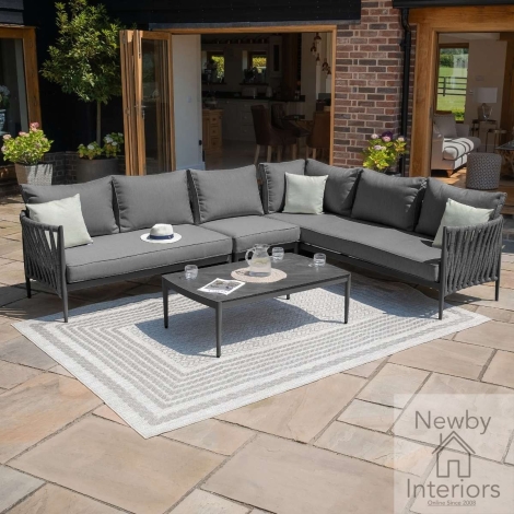 Maze Milan Rope Weave Large Corner with Rectangular Coffee Table Mid Grey with Charcoal Frame