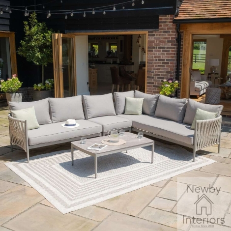 Maze Milan Rope Weave Large Corner with Rectangular Coffee Table Cool Linen with Dawn Grey Frame
