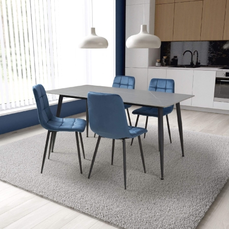 950-166-03-32-4 - Monaco - Rectangle - 160cm/1.6m - Ceramic - Grey Granite Finish - Dining Table & 4 Madison - Upholstered - Blue Velvet Fabric - Dining Chair