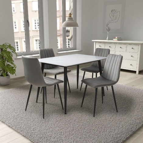 951-167-07-03-4 - Monaco - Rectangle - 120cm/1.2m - Four Seater - White Ceramic - Marble Effect Finish - Dining Table & 4 Lisbon - Upholstered - Grey Velvet Fabric - Dining Chair