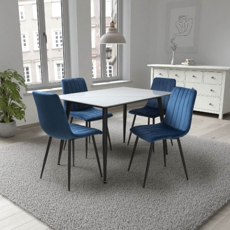 951-167-07-32-4 - Monaco - Rectangle - 120cm/1.2m - Four Seater - White Ceramic - Marble Effect Finish - Dining Table & 4 Lisbon - Upholstered - Blue Velvet Fabric - Dining Chair