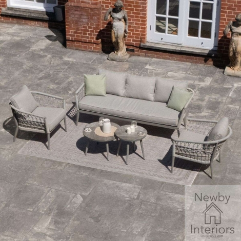 Maze Monaco Outdoor Rope Weave 3 Seat Sofa Set 2 Round Coffee Tables Cool Linen
