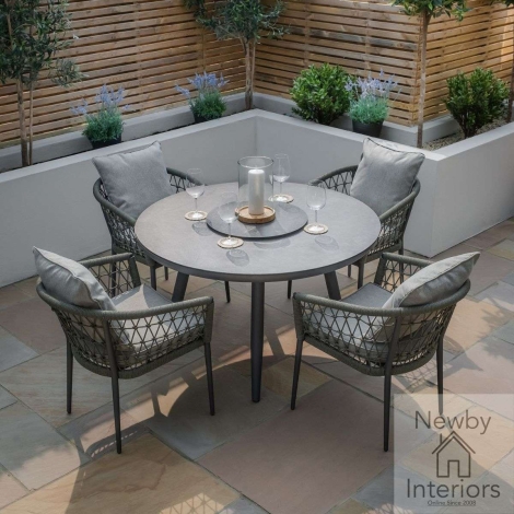 Maze Monaco Outdoor Rope Weave 4 Seat Round Dining Set Lazy Susan Ivy Green