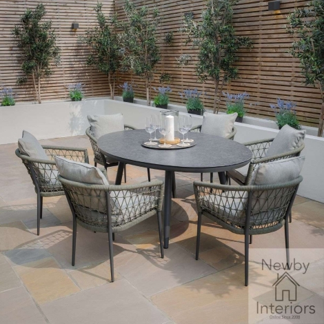 Maze Monaco Outdoor Rope Weave 6 Seat Oval Dining Set Lazy Susan Cool Linen