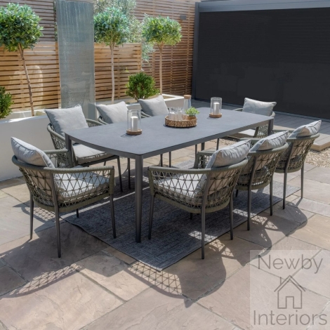 MONACO-8SRDS-IG - Maze Monaco Rope Weave 8 Seat Rectangular Dining Set Ivy Green with Charcoal Frame