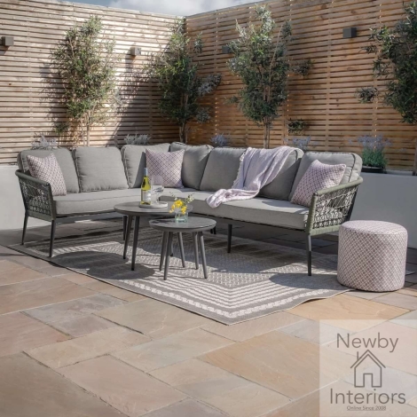 Maze Monaco Outdoor Large Corner Sofa Set 2 Round Coffee Tables Ivy Green Rope Weave Grey Cushions Charcoal Frame