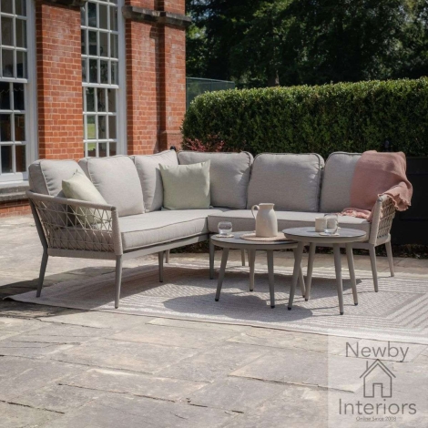Maze Monaco Outdoor Small Corner Sofa Set 2 Round Coffee Tables Rope Weave Cool Linen