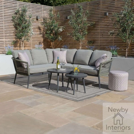 Maze Monaco Outdoor Small Corner Sofa Set 2 Round Coffee Tables Rope Weave Ivy Green