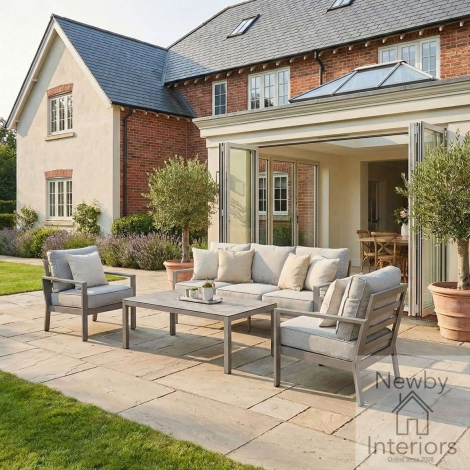 MONT-3SS-CL - Maze Montreal Aluminium 3 Seat Garden Sofa Set with Rectangular Coffee Table Cool Linen & Dawn Grey Frame