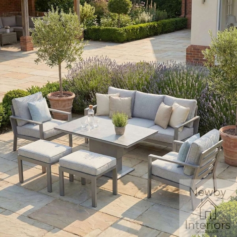 MONT-3SS-RT-CL - Maze Montreal Aluminium 3 Seat Garden Sofa Dining Set with Rising Table & Footstools Cool Linen Dawn Grey Frame