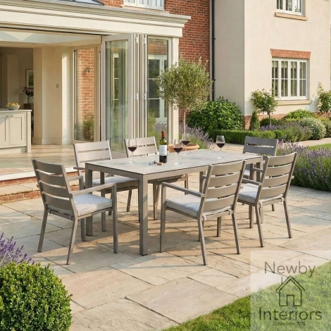 MONT-6SRDS-CL - Maze Montreal Aluminium 6 Seat Rectangular Garden Dining Set Cool Linen with Dawn Grey Frame