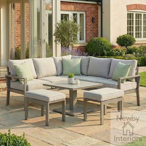 MONT-SCDS-SRT-CL - Maze Montreal Aluminium Small Garden Sofa Dining Set with Square Rising Table & Footstools Cool Linen Dawn Grey Frame