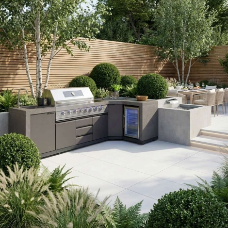 ODK-EMB-CSF - Maze Ember Corner Outdoor Kitchen with 6 Burner Gas Grill Sink & Single Fridge Grey