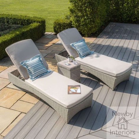 OXF-204024-CG - Maze Oxford Rattan Sunlounger Set Ceramic Glass Table Grey Frame Light Grey Cushions