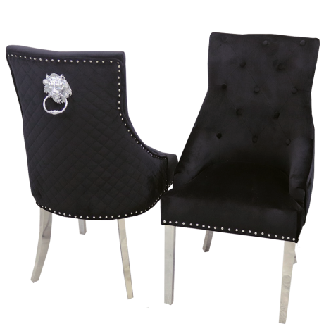 1-DC-8674-QL- BK-V - Pair Of Bentley - Black Velvet- Lion head Knocker - Quilted Back - Dining Chairs With Chrome Legs