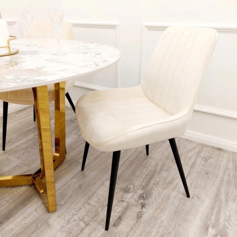 Pair Of Dido - Cream/Beige - Velvet Dining Chairs With Black Metal Legs