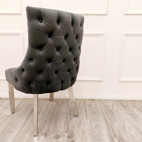 KENSINGTON-DG-CH - Pair Of Kensington - Dark Grey - Velvet - Button Back Dining Chairs - Chrome Legs