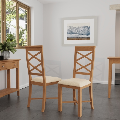 Pair Of Natalie Light Oak  Double Cross Back Chairs Fabric Seat