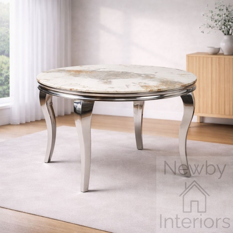 1.3r-LDT-PANDM - Louis Gloss Pandora Marble Dining Table 130cm Round Chrome Legs