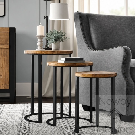 RAV-1228 - Ravi Mango Iron base solid wood top Round stool set of 3 pcs