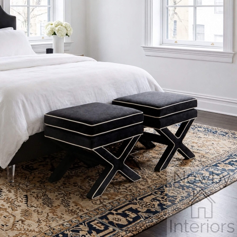 RHOONYSTO - Rhode Black Velvet Multipurpose Stool with White Piping Detail & X Legs
