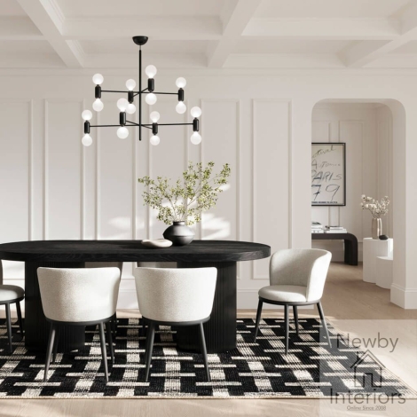 RINBLADIN4NOVIVOCHA* - Rina Black Wooden Oval Dining Table Set with 4 Nova Ivory Velvet Chairs