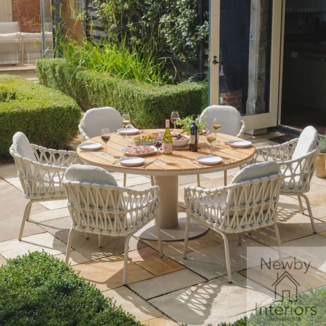 Maze Sicily Open Rope Weave 6 Seat Round Pedestal Dining Set Latte Frame & Cushions