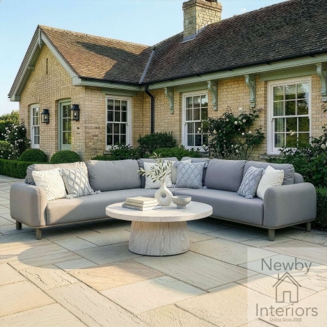SICI-CSS-SCT-CF - Maze Outdoor Fabric Sicily Corner Sofa Set with Round Marble Effect Coffee Table Cafe Frame & Cushions