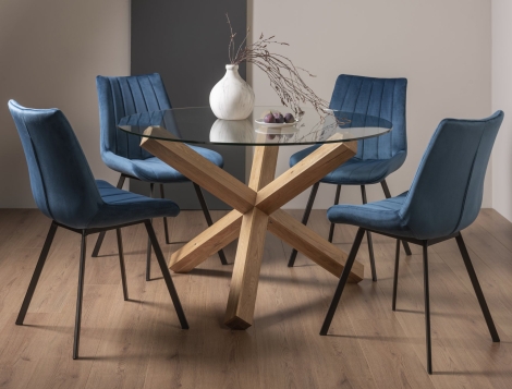 Turin Glass 4 Seater Table & 4 Fontana Blue Velvet Chairs