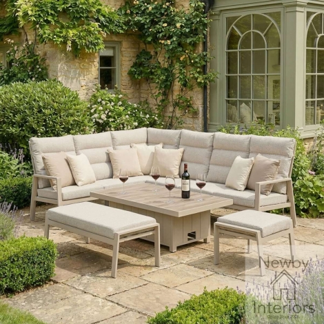 VAL-RCDSRT-LAT - Maze Valencia Reclining Aluminium Corner Garden Dining Set with Rising Table Footstools & Bench Latte Cushions