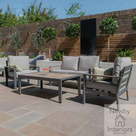 Maze Vancouver Outdoor 2 Seat Aluminium Sofa Set Rectangular Coffee Table Dove Grey Cushions