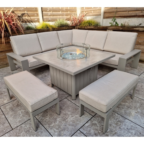 Venus - Outdoor - Grey - Corner Dining Sofa with Ceramic Top Fire Pit Table and 2 Bench Stools - Powder Coated Aluminium