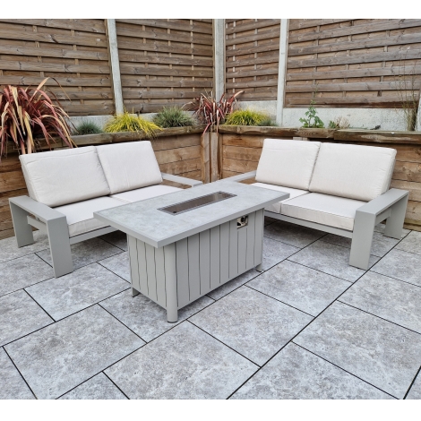 Venus - Outdoor - Grey - 2x 2 Seater Sofas with Ceramic Top Fire Pit Table - Powder Coated Aluminium