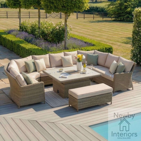 WIN-208542-CG - Maze Winchester Royal U-Shaped Brown Rattan Sofa Set with Rising Table Ceramic Glass Top Beige Cushions