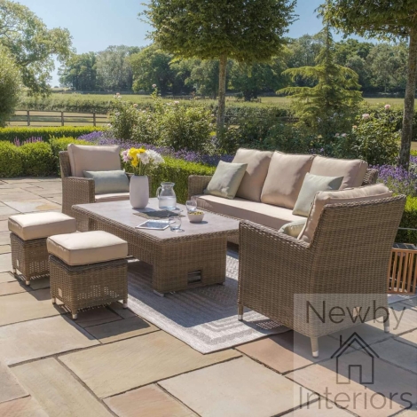 WIN-205514R-CG - Maze Winchester Outdoor Rattan Sofa Dining Set Ice Bucket Rising Table Ceramic Glass Top Brown With Beige Cushions
