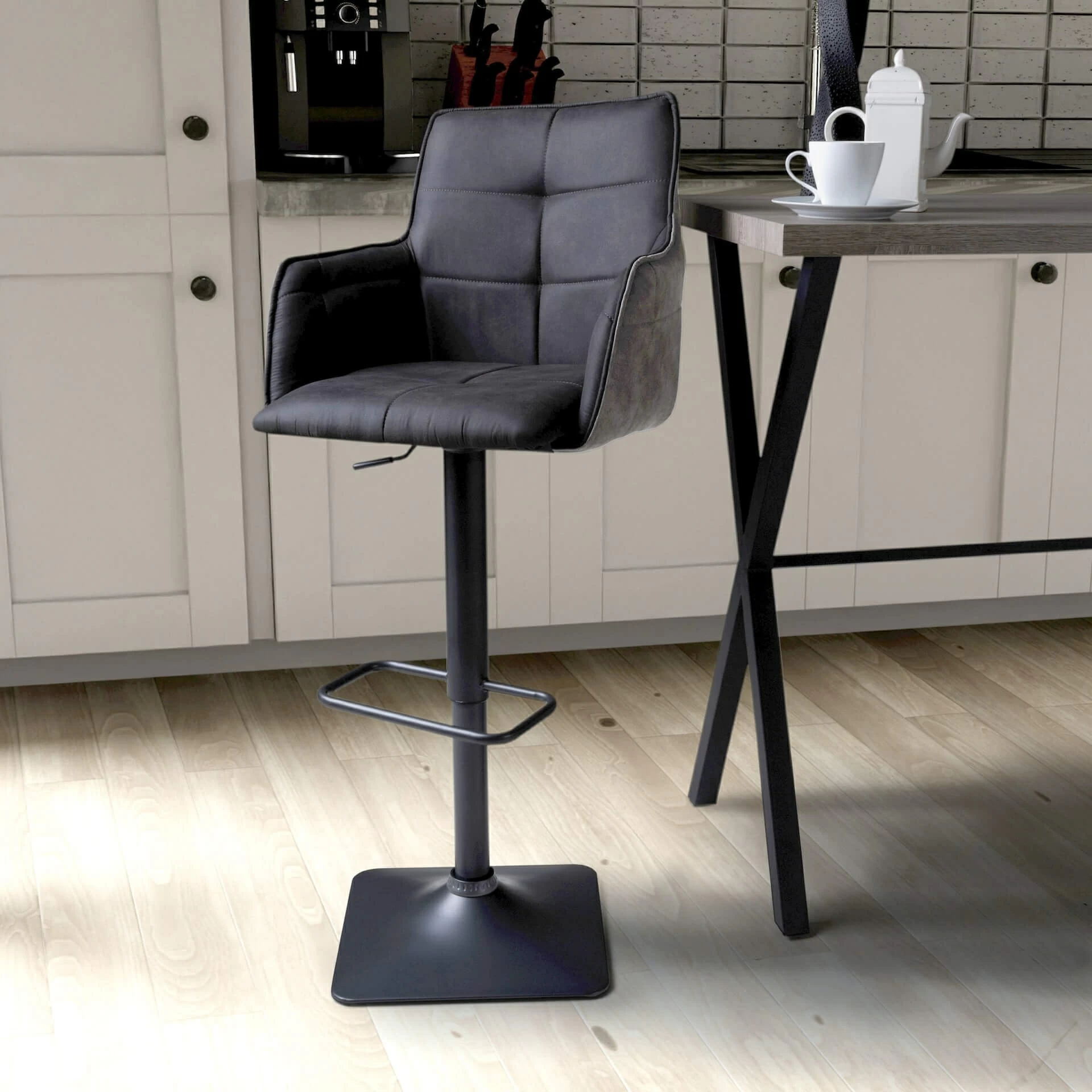 Pair Of Orion Dark Grey 2 Tone Suede Iron Base Bar Stools