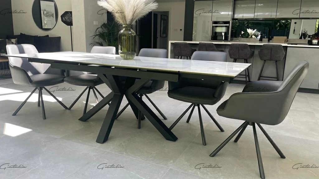 White marble top table black legs