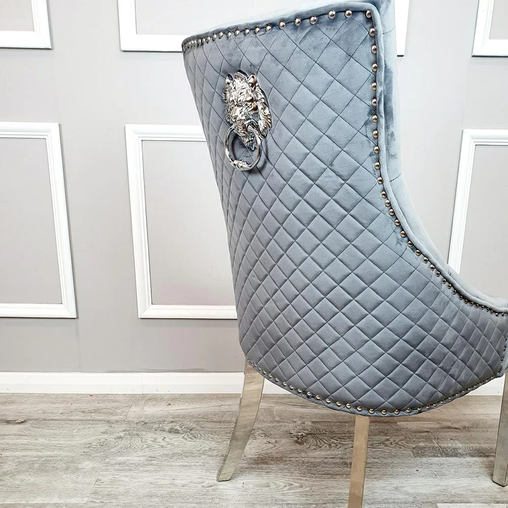 Bentley Light Grey Velvet Lion head Knocker Quilted Back