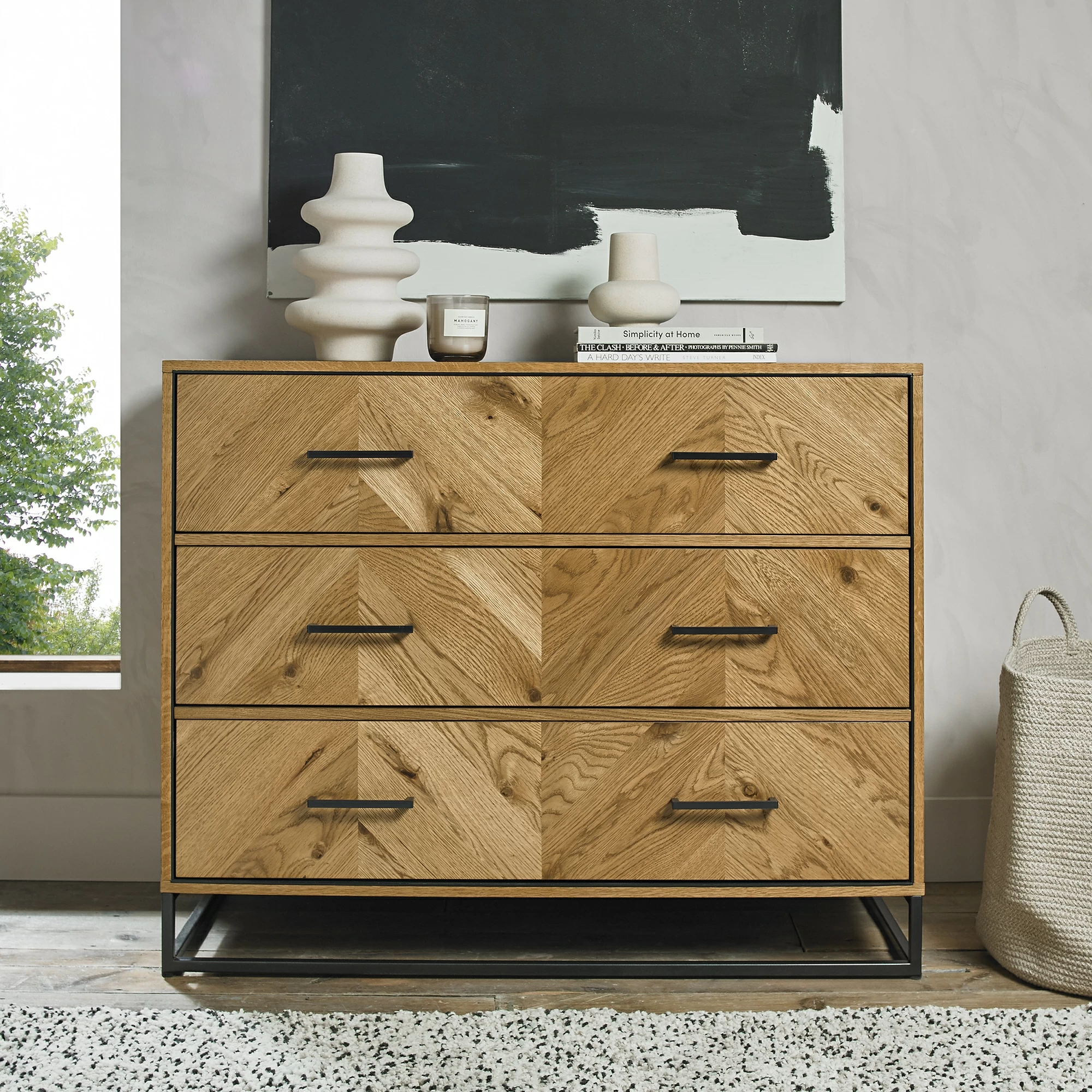 Oak and metal store chest of drawers