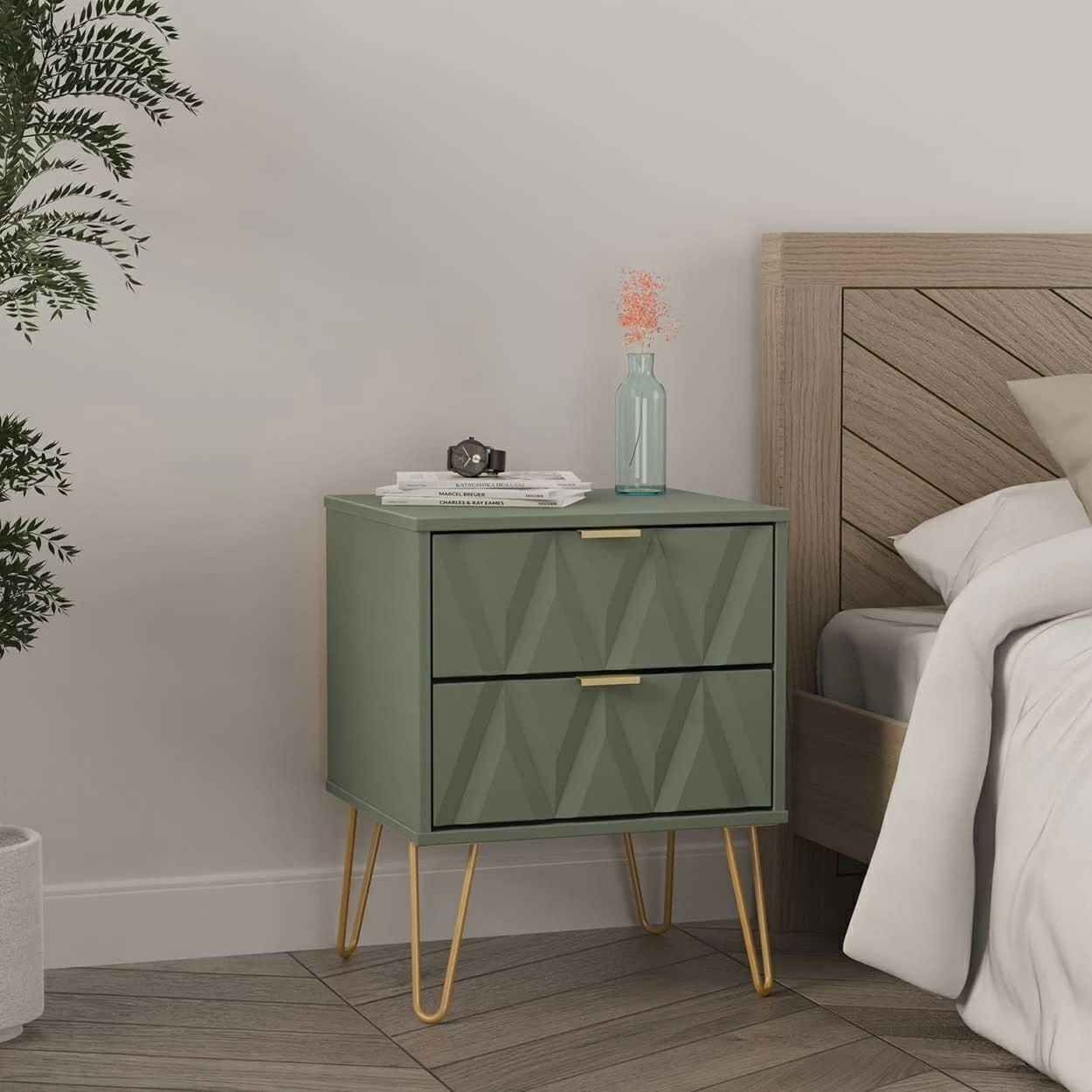 Diamond 2 Drawer Bedside Cabinet Reed Green Finish