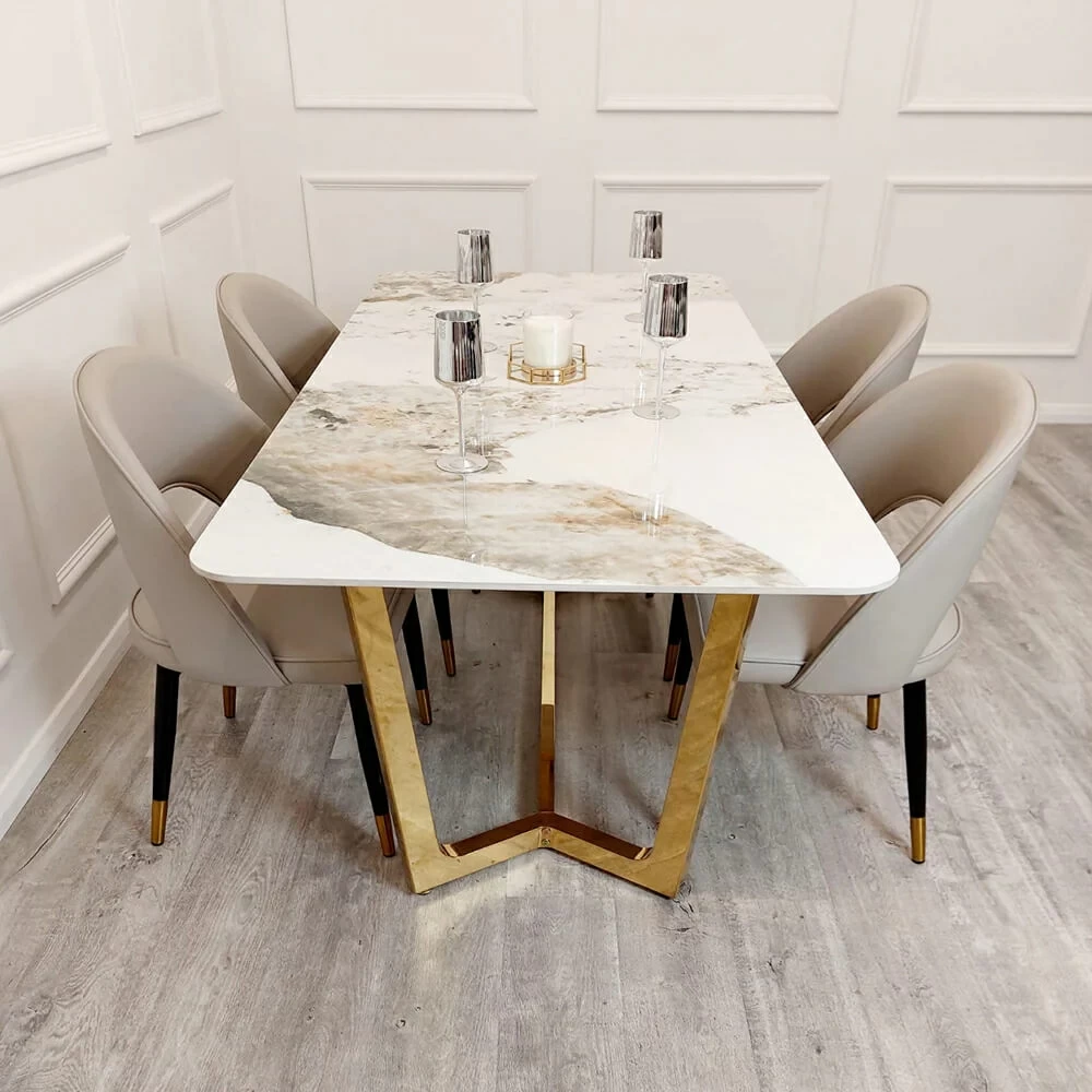 Lucien Pandora Gold 180cm 1.8m Rectangular Dining Table Sintered Stone Top 8 Astra Beige Faux Leather Dining Chairs