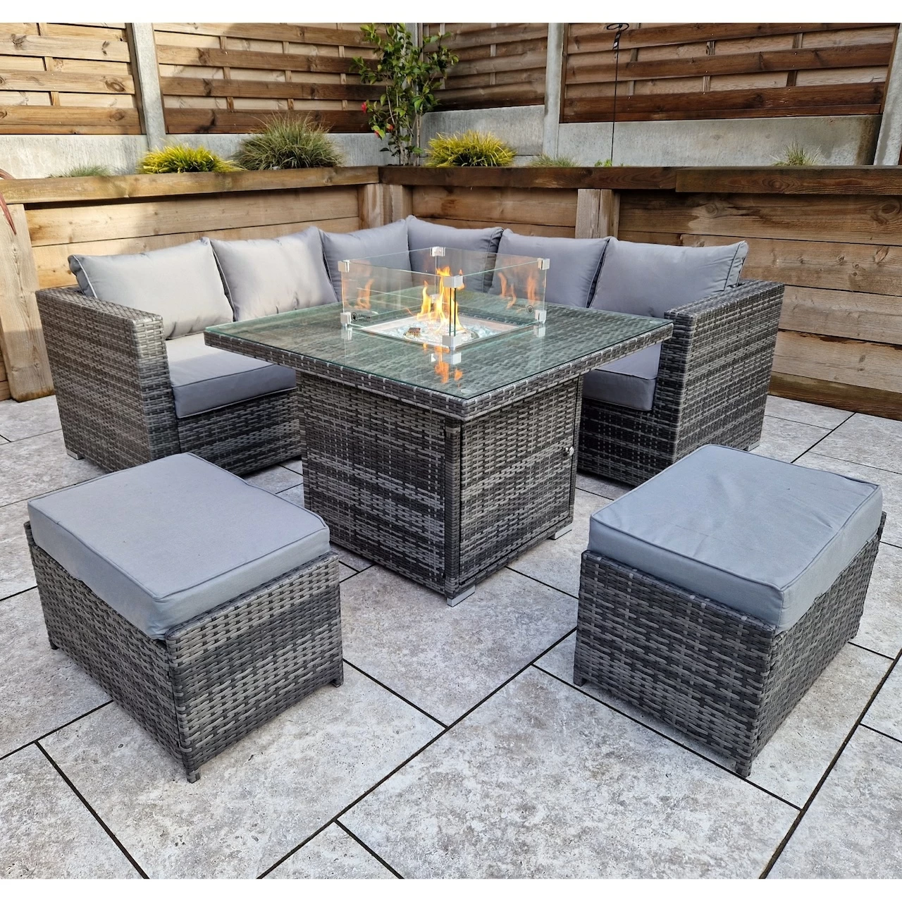 Georgia Outdoor Grey Compact Corner Sofa and Fire pit Dining Table with 2 Stools 8mm Flat Weave UV Treated Wicker