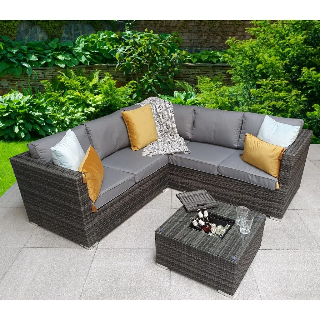 Georgia Outdoor Grey Compact Corner Sofa and Coffee Table with Ice Bucket 8mm Flat Weave UV Treated Wicker