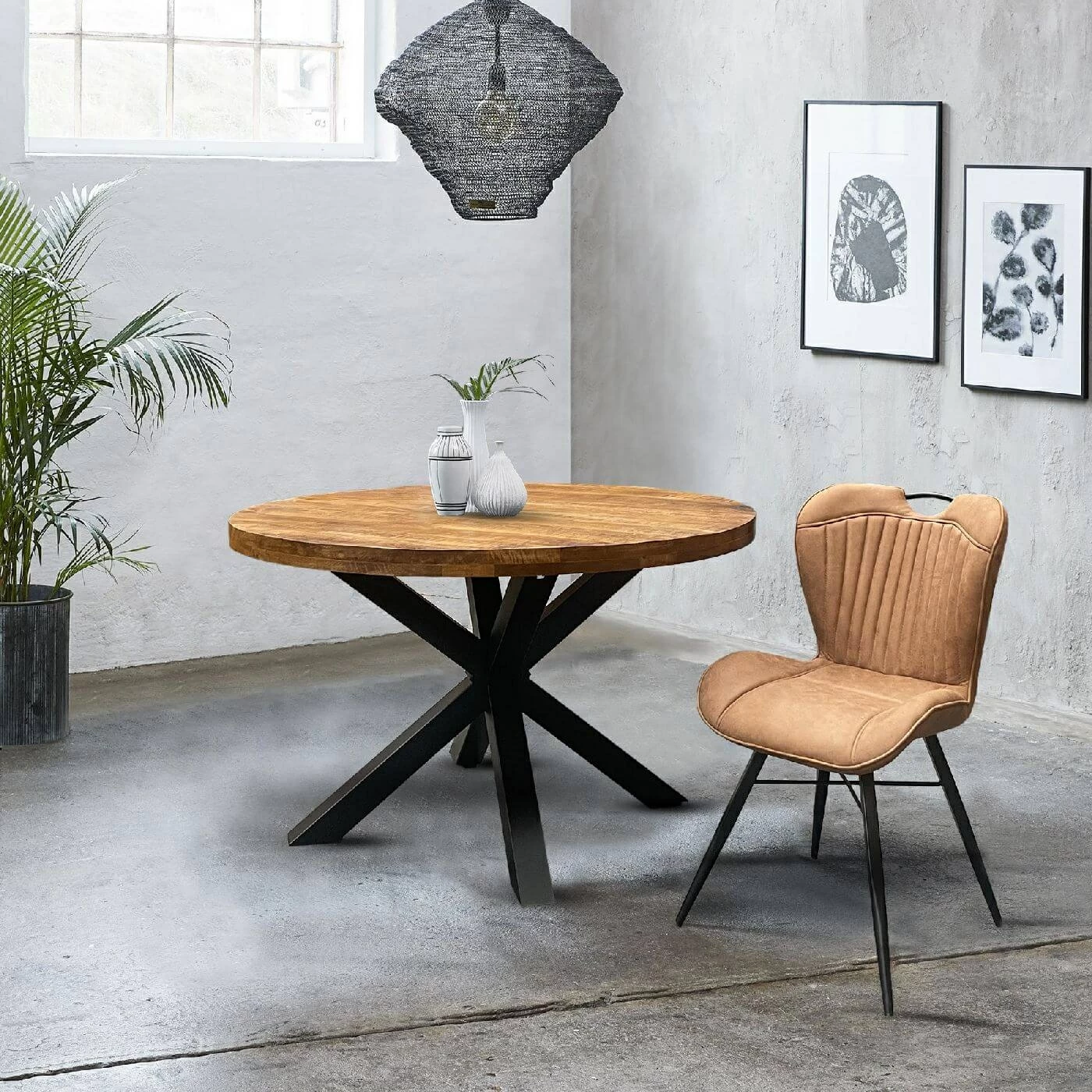 Industrial Mango Wood Brown Round 100cm Four Seater Dining Table 2 Mala Upholstered Camel Fabric Dining Chair Black Metal Leg