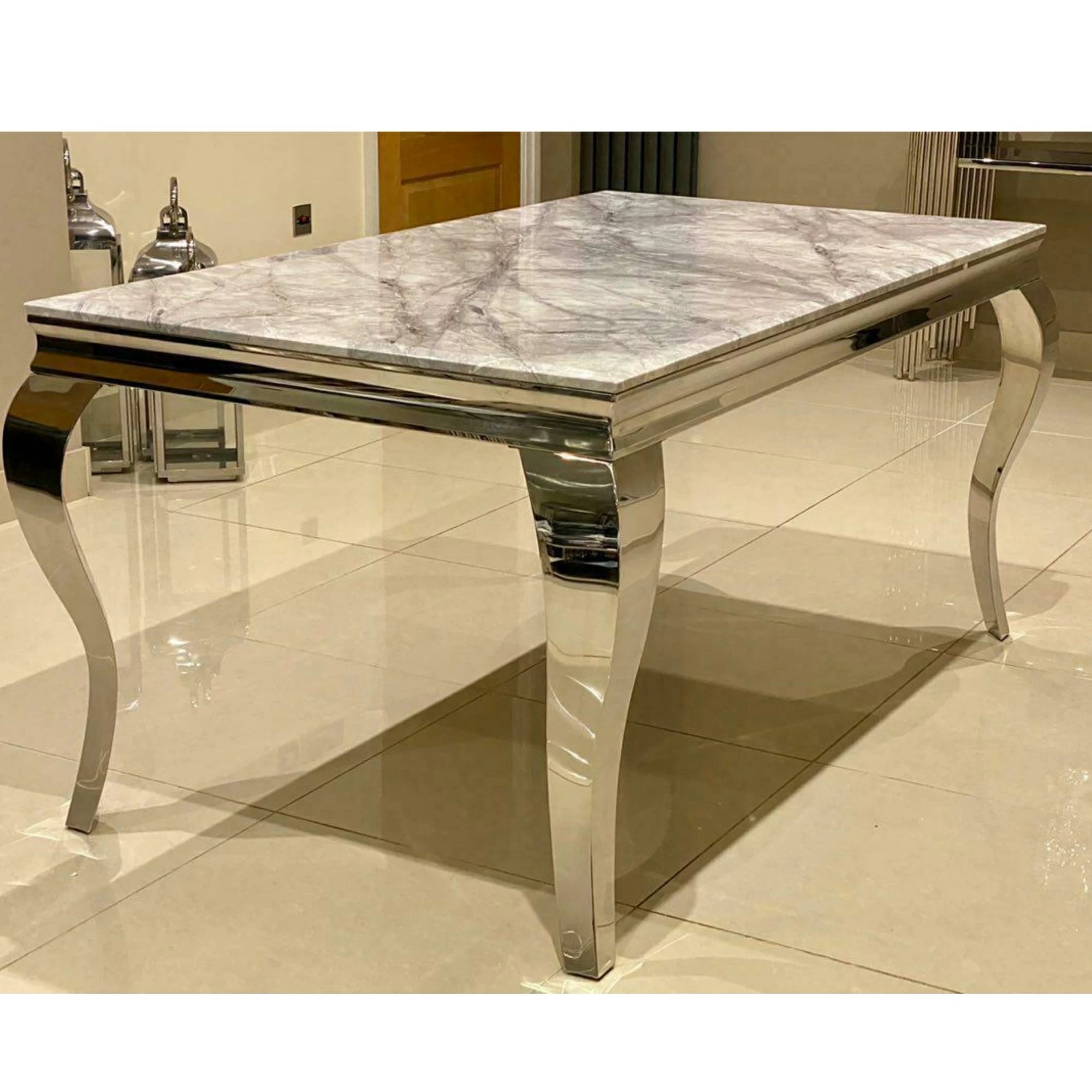 Louis Grey 180cm 1.8m Marble and Chrome Louis Leg Rectangular Dining Table