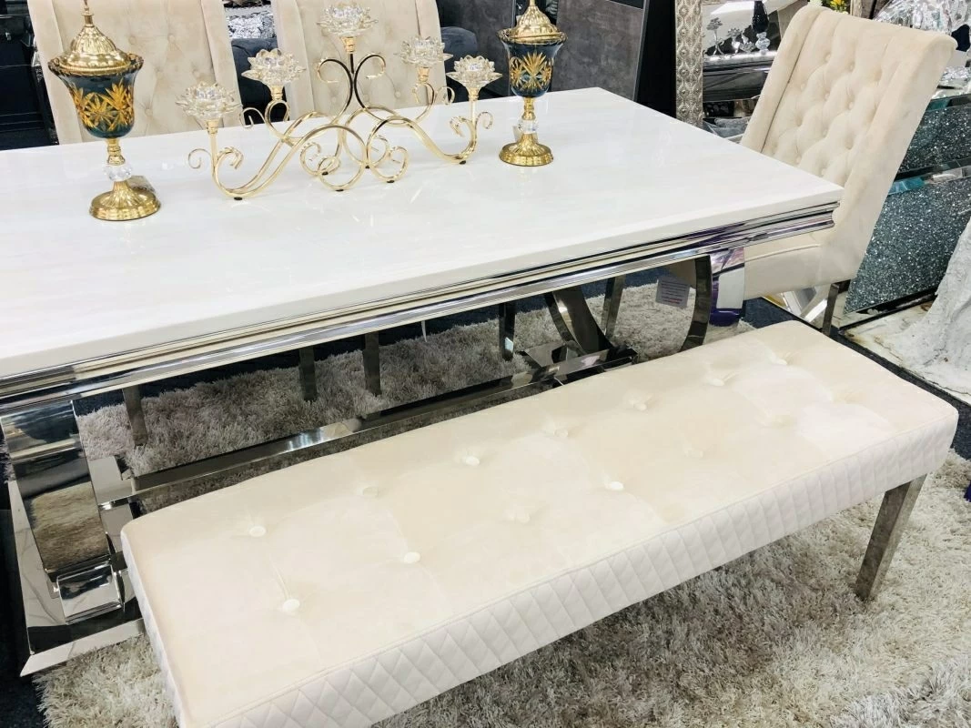 Majestic Quilted Cream Beige Velvet Bench Chrome Legs