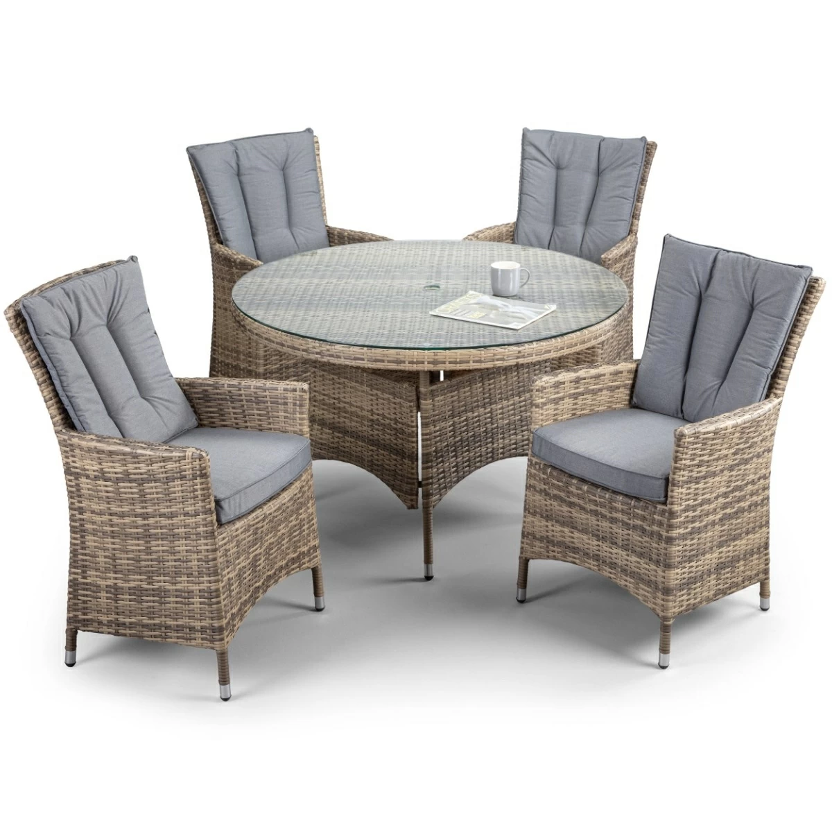 Brown rattan table and 4 shop chairs