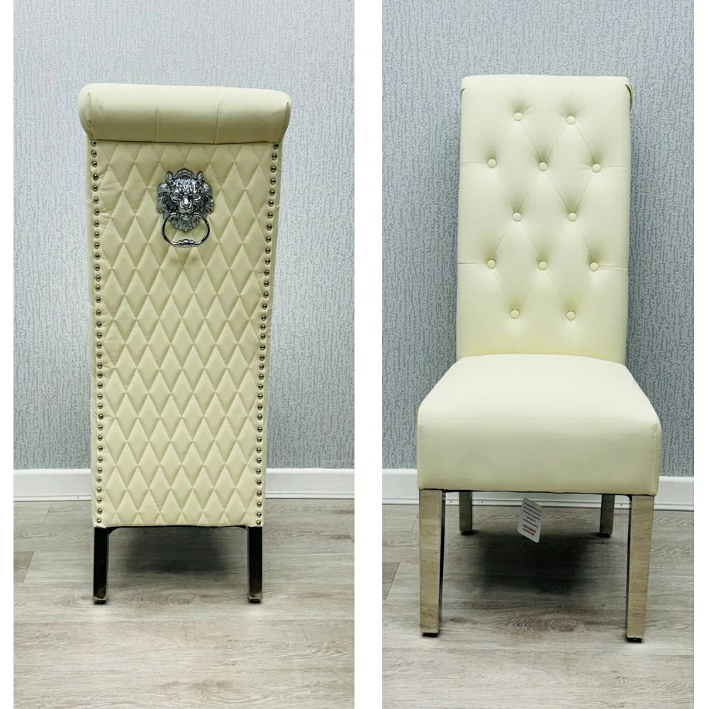 Pair Of Sophie Lion head Knocker Quilted Roll Back Cream Leather Look Dining Chairs With Chrome Legs